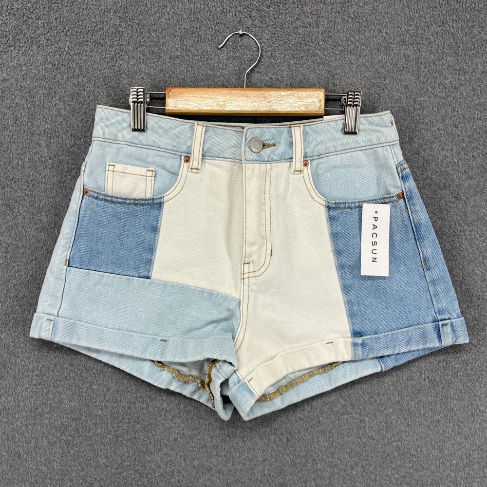 PacSun Mom Shorts Womens 25 Blue Patchwork Colorblock High Rise Denim New